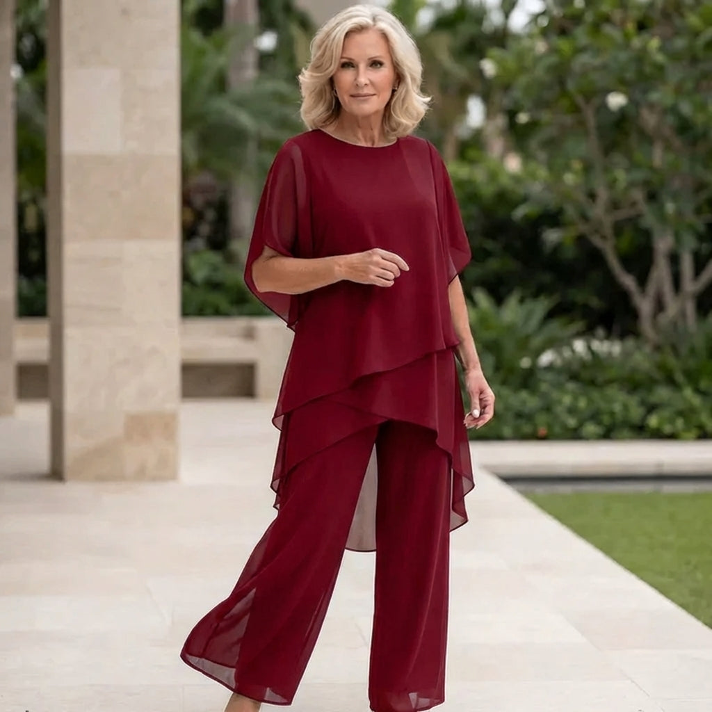 Women's Draped Double-Layer Top & Wide Leg Palazzo Pants Suit Asymmetrical Hem Elegant Formal Evening Wedding Guest Gala Mother of the Bride – Serenova