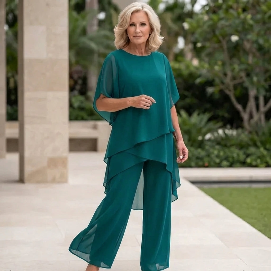 Women's Draped Double-Layer Top & Wide Leg Palazzo Pants Suit Asymmetrical Hem Elegant Formal Evening Wedding Guest Gala Mother of the Bride – Serenova