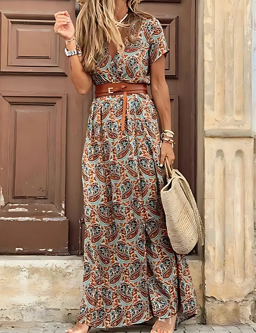 Women's Bohemian Floral Long Dress V-Neck Wrap Style Long Sleeve Casual Summer Beach Vacation Travel Wedding Guest Garden Party – Lucila