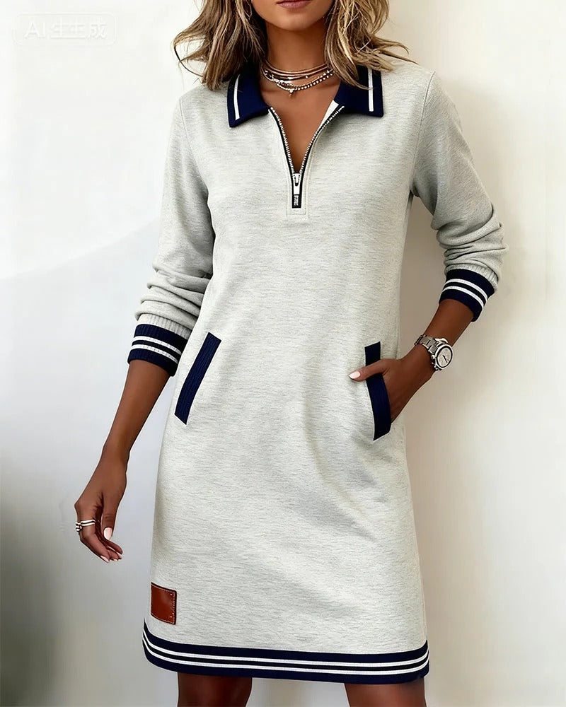 Women's Long Sleeve Cotton Blend Zip-Up Lapel Collar Mini Dress Side Pockets Casual Work Office Everyday Autumn Winter – Claudette