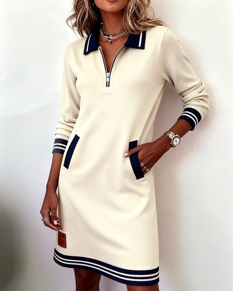 Women's Long Sleeve Cotton Blend Zip-Up Lapel Collar Mini Dress Side Pockets Casual Work Office Everyday Autumn Winter – Claudette