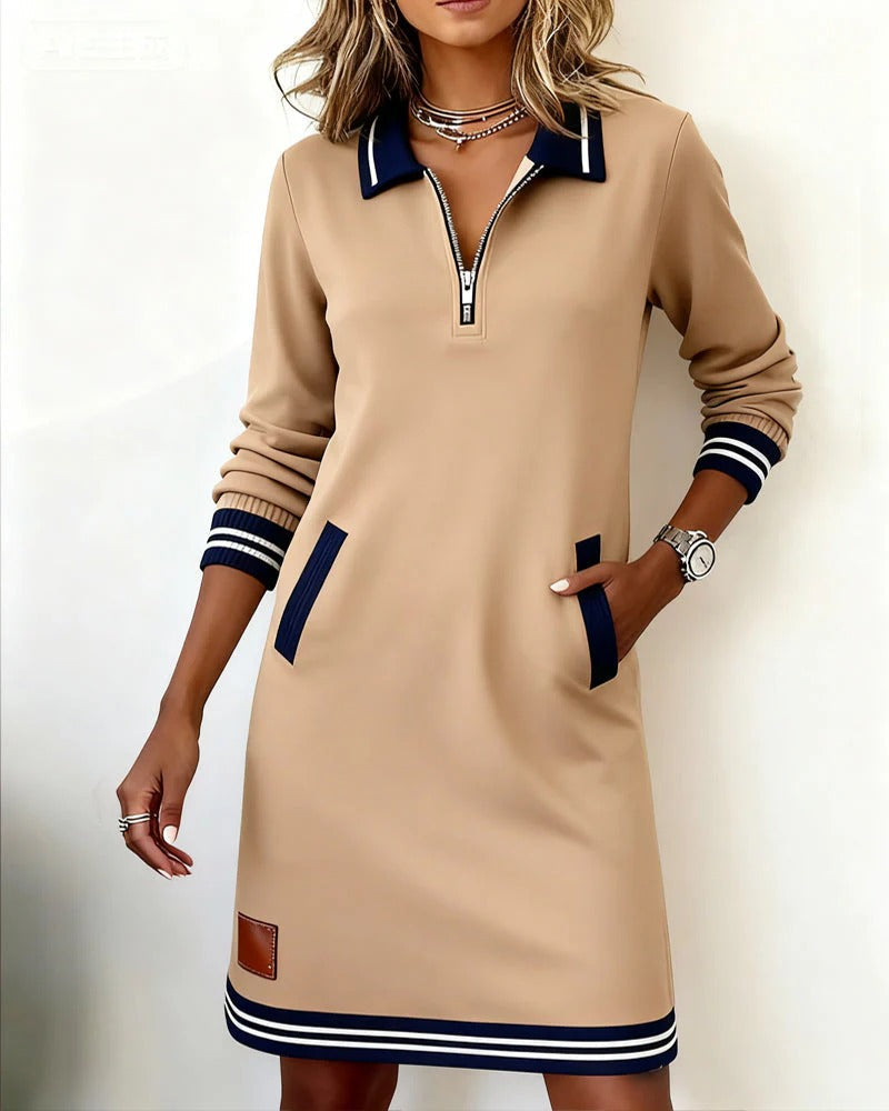 Women's Long Sleeve Cotton Blend Zip-Up Lapel Collar Mini Dress Side Pockets Casual Work Office Everyday Autumn Winter – Claudette
