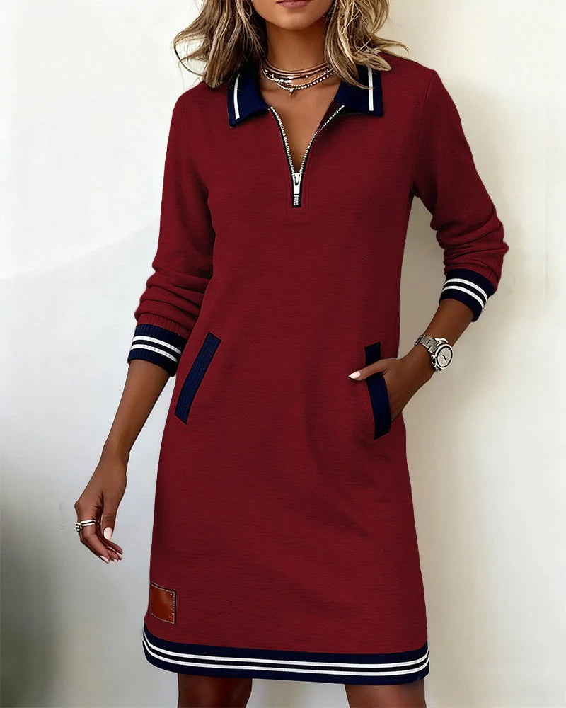Women's Long Sleeve Cotton Blend Zip-Up Lapel Collar Mini Dress Side Pockets Casual Work Office Everyday Autumn Winter – Claudette