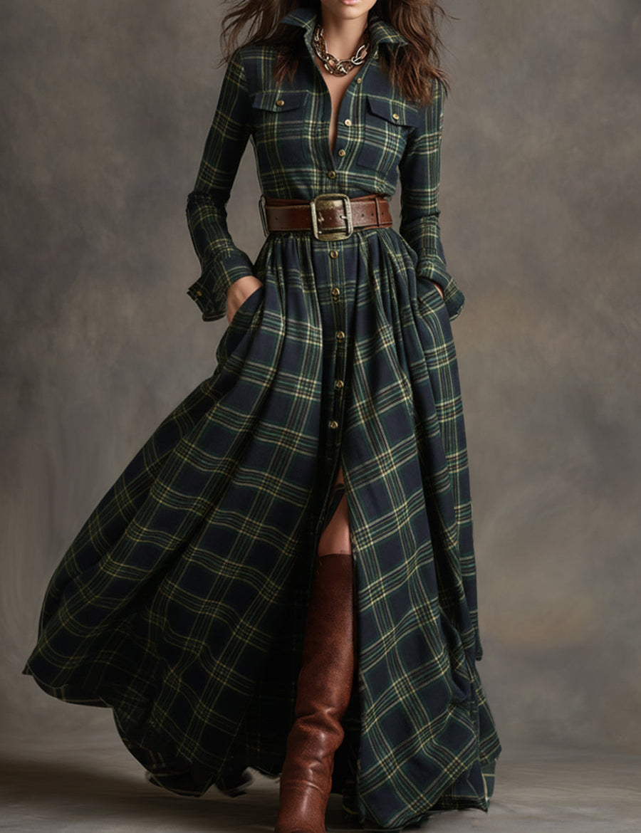 Women's Retro Ethnic Plaid Cowgirl Long Dress Lapel Belted Long Sleeve Casual Relaxed – Reddish Brown