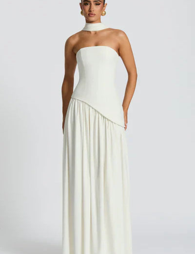 Women's Strapless Fitted Long Dress Side Slit Sleek Elegant Formal Wedding Guest Evening Party Gown – Ivory White