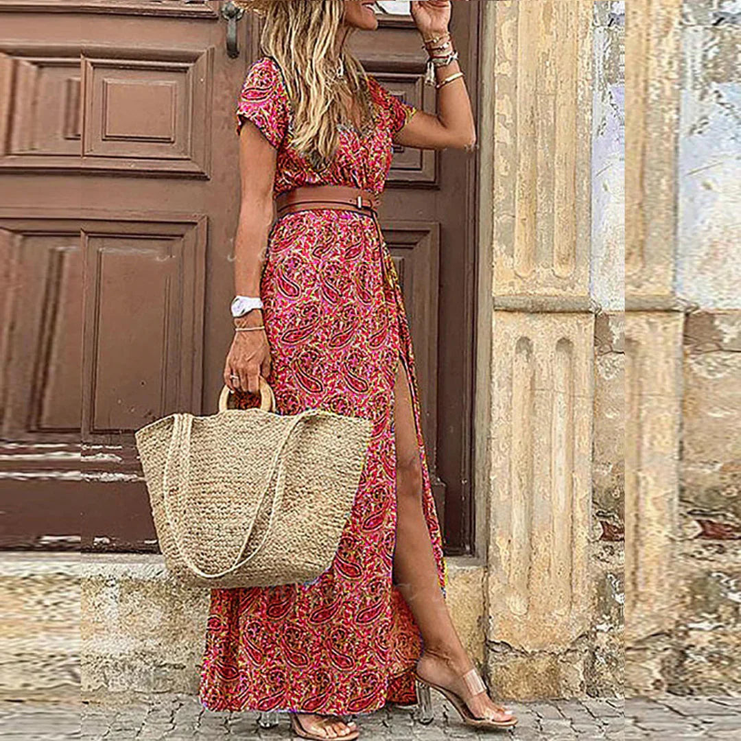 Women's Bohemian Floral Long Dress V-Neck Wrap Style Long Sleeve Casual Summer Beach Vacation Travel Wedding Guest Garden Party – Lucila