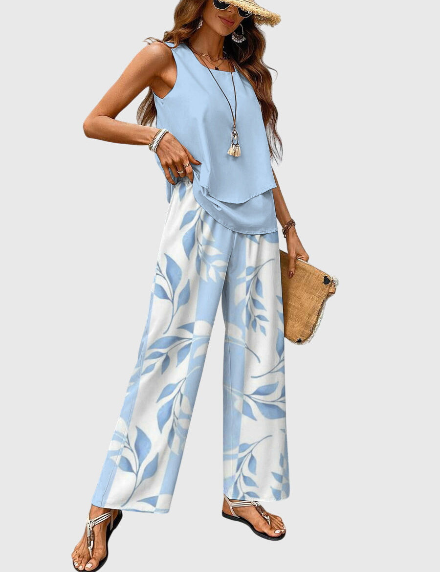 Women's 2-Piece Summer Set Square Neck Tank Top Wide-Leg Floral Pants Vacation Beach Outfit - Victrafia
