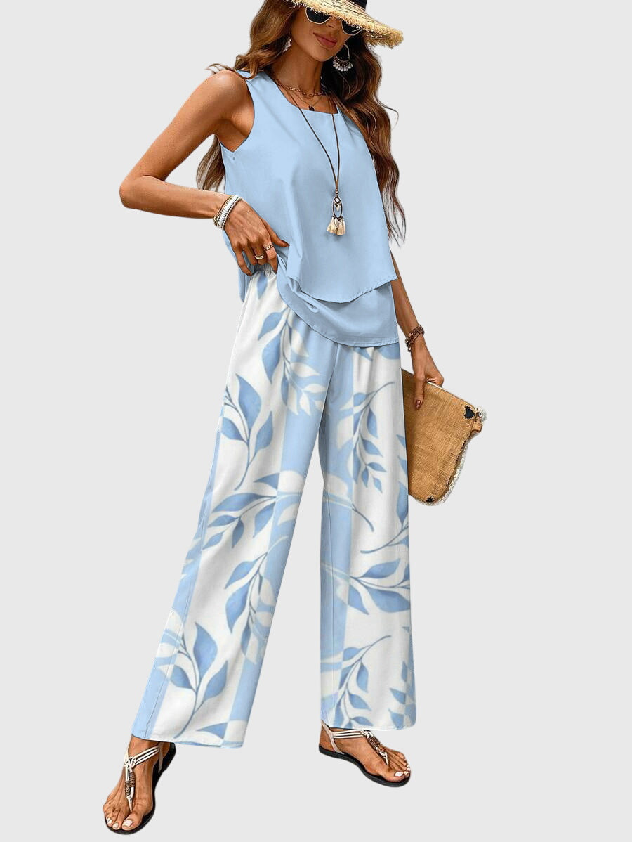 Women's 2-Piece Summer Set Square Neck Tank Top Wide-Leg Floral Pants Vacation Beach Outfit - Victrafia