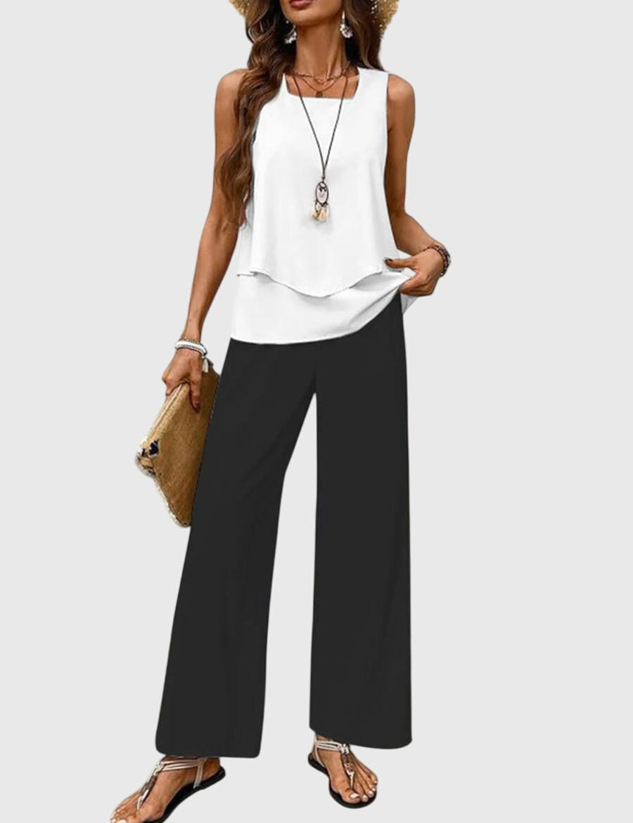 Women's 2-Piece Summer Set Square Neck Tank Top Wide-Leg Floral Pants Vacation Beach Outfit - Victrafia