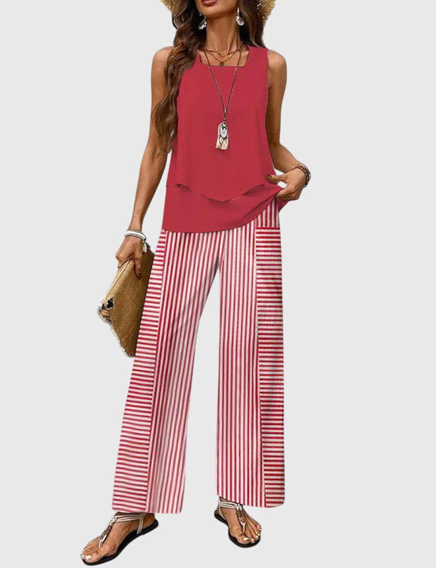 Women's 2-Piece Wide Leg Pants Set Sleeveless Top Summer Vacation Outfit - Victrafia