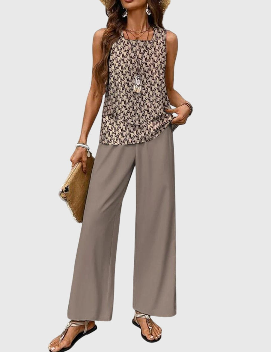 Women's 2-Piece Wide Leg Pants Set Sleeveless Top Summer Vacation Outfit - Victrafia