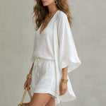 Women's 3-Piece Linen Co-ord Set Open Cardigan Top Shorts Summer Vacation Outfit - Victrafia