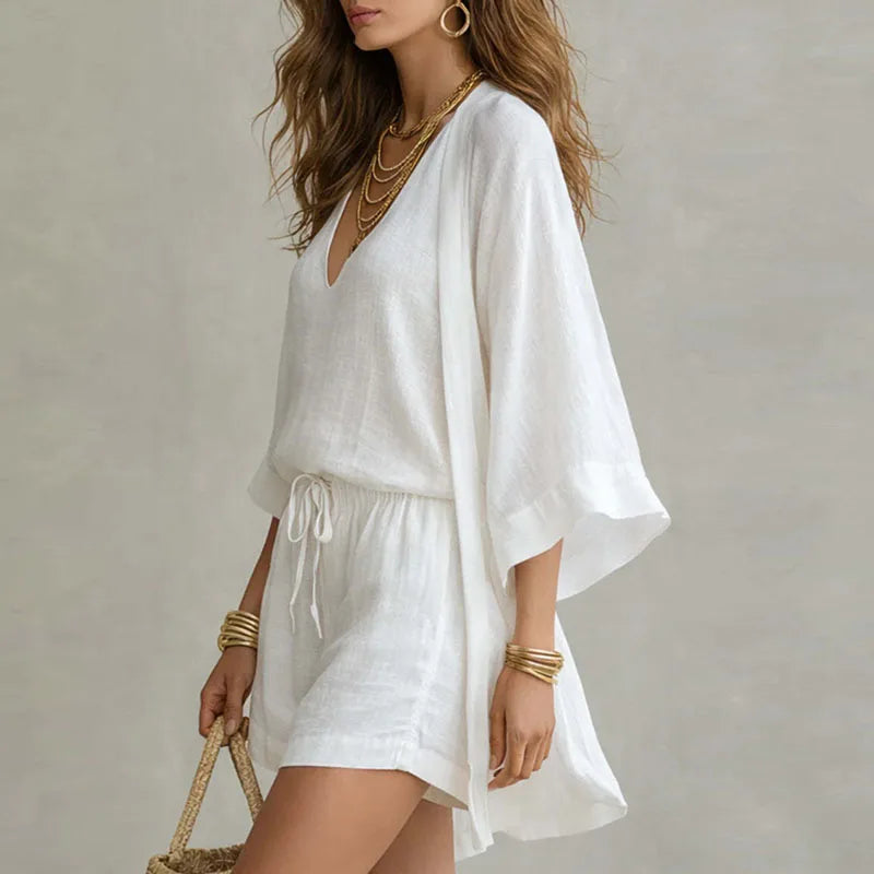 Women's 3-Piece Linen Co-ord Set Open Cardigan Top Shorts Summer Vacation Outfit - Victrafia