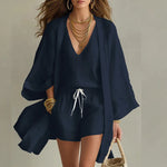 Women's 3-Piece Linen Co-ord Set Open Cardigan Top Shorts Summer Vacation Outfit - Victrafia