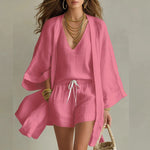 Women's 3-Piece Linen Co-ord Set Open Cardigan Top Shorts Summer Vacation Outfit - Victrafia