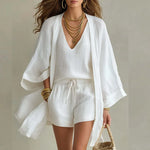 Women's 3-Piece Linen Co-ord Set Open Cardigan Top Shorts Summer Vacation Outfit - Victrafia