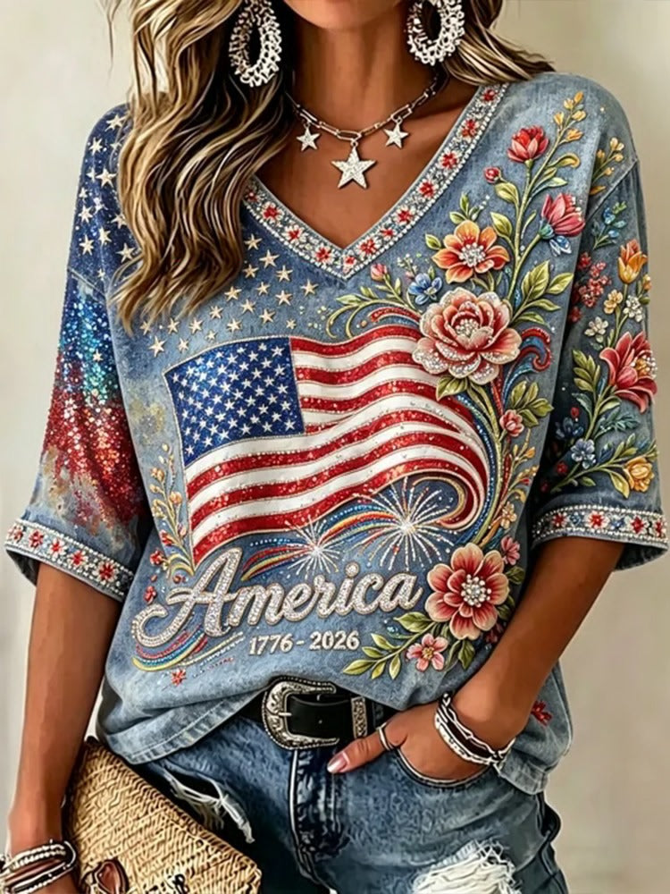 Women's American Flag Floral V-Neck Top 4th of July Patriotic Short Sleeve Casual Tee 1776-2026 - Victrafia