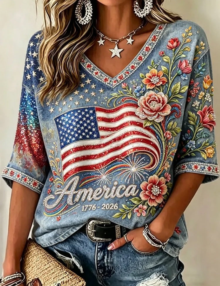 Women's American Flag Floral V-Neck Top 4th of July Patriotic Short Sleeve Casual Tee 1776-2026 - Victrafia