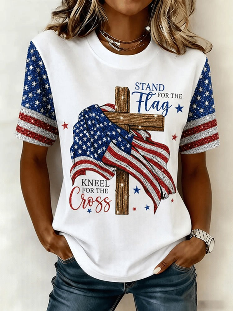 Women's American Flag Graphic T-Shirt Patriotic Faith Cross Short Sleeve Crew Neck - Victrafia