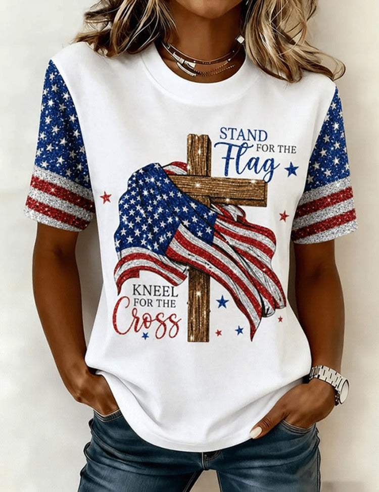 Women's American Flag Graphic T-Shirt Patriotic Faith Cross Short Sleeve Crew Neck - Victrafia