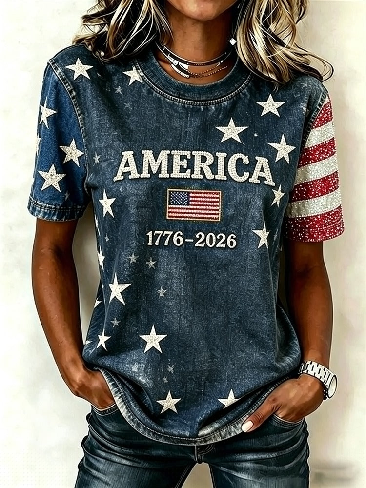 Women's American Flag Graphic T-Shirt Rhinestone Short Sleeve Patriotic Casual Washed Tee - Victrafia