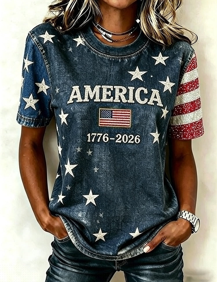 Women's American Flag Graphic T-Shirt Rhinestone Short Sleeve Patriotic Casual Washed Tee - Victrafia