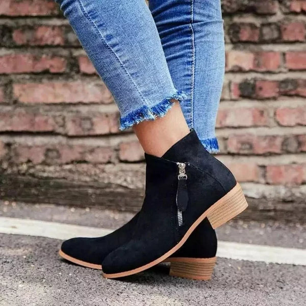 Women's Ankle Booties Side Zipper Block Heel Suede-Look Casual Fall Winter Boots - Victrafia
