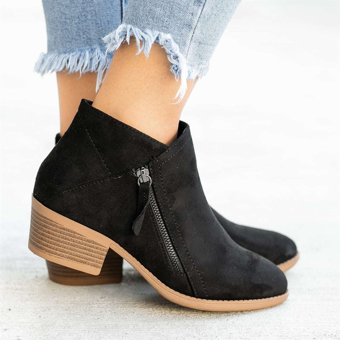 Women's Ankle Booties Side Zipper Block Heel Suede-Look Casual Fall Winter Boots - Victrafia