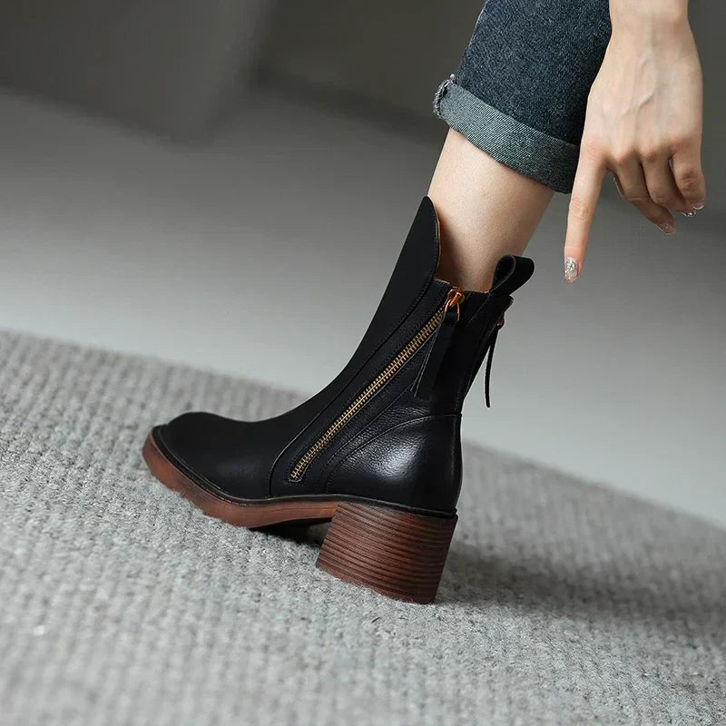 Women's Ankle Boots Block Heel Side Zipper Fall Winter Casual - Victrafia