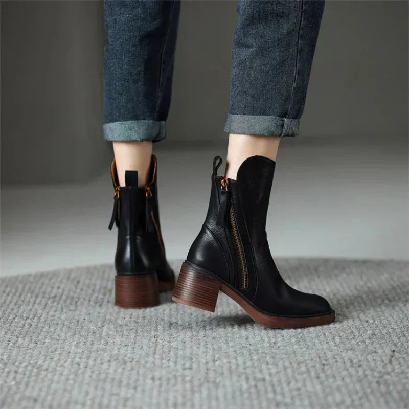 Women's Ankle Boots Block Heel Side Zipper Fall Winter Casual - Victrafia