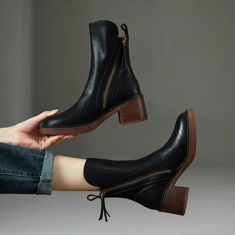 Women's Ankle Boots Block Heel Side Zipper Fall Winter Casual - Victrafia