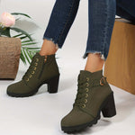 Women's Block Heel Ankle Boots Lace-Up Combat Style Buckle Detail Side Zipper - Victrafia