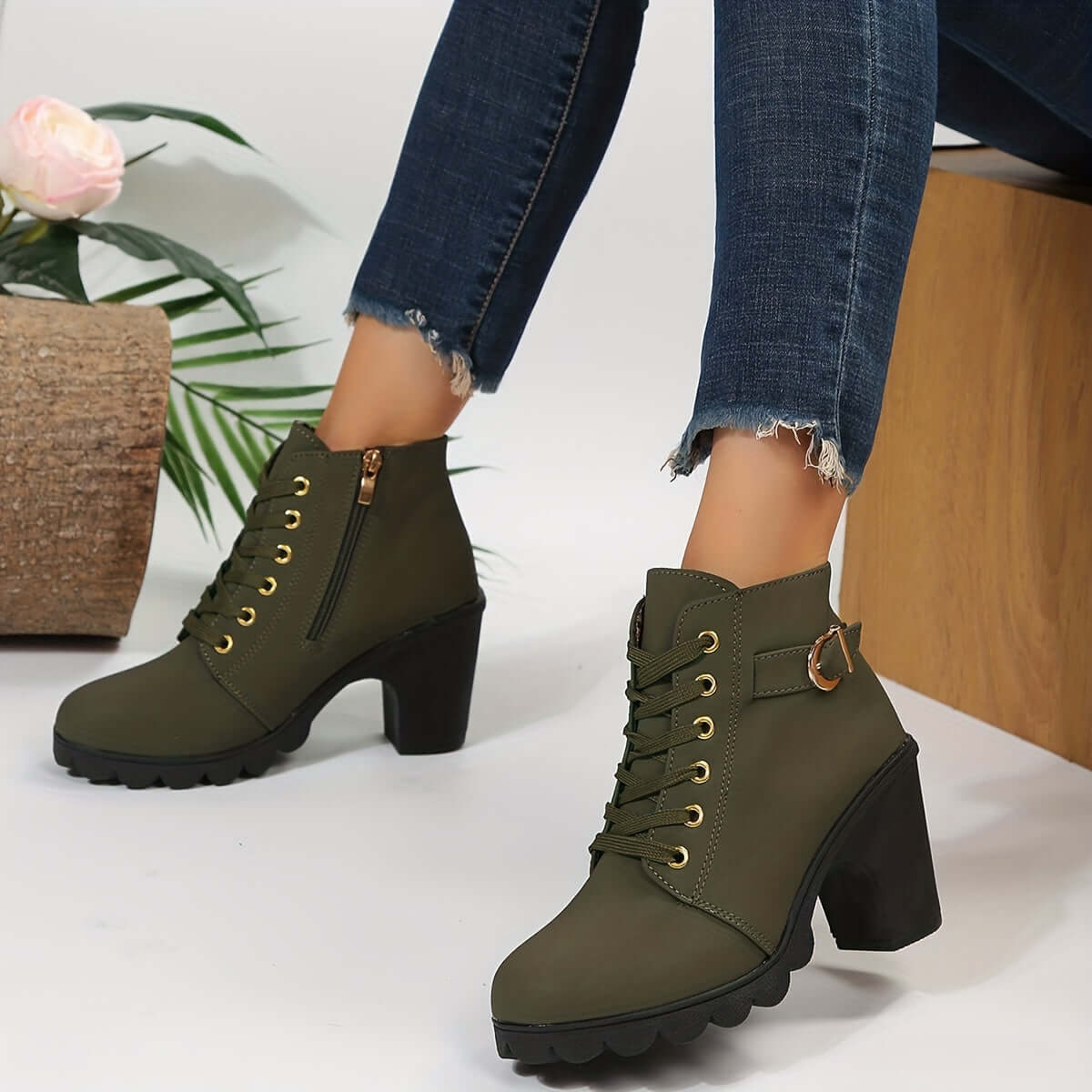 Women's Block Heel Ankle Boots Lace-Up Combat Style Buckle Detail Side Zipper - Victrafia