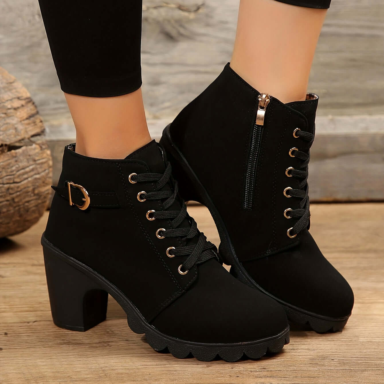 Women's Block Heel Ankle Boots Lace-Up Combat Style Buckle Detail Side Zipper - Victrafia