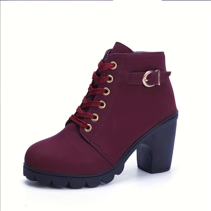 Women's Block Heel Ankle Boots Lace-Up Combat Style Buckle Detail Side Zipper - Victrafia