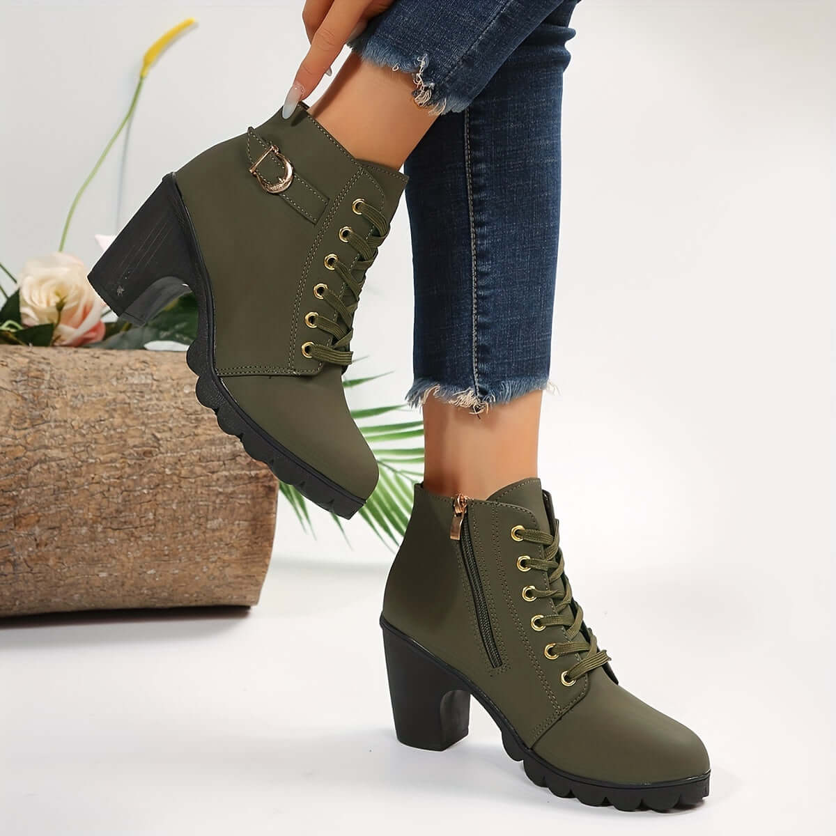 Women's Block Heel Ankle Boots Lace-Up Combat Style Buckle Detail Side Zipper - Victrafia
