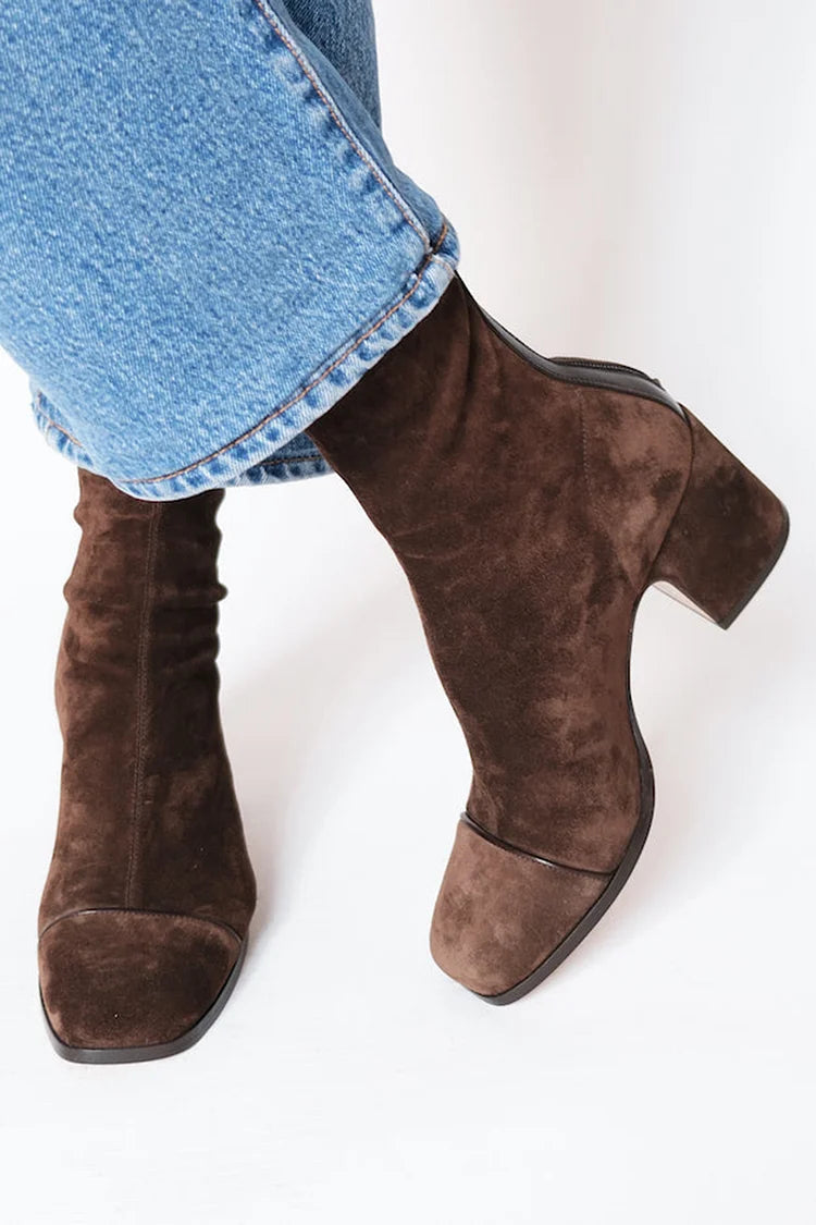 Women's Block Heel Ankle Boots Square Toe Zip-Up Stretch Suede Fall Winter - Victrafia