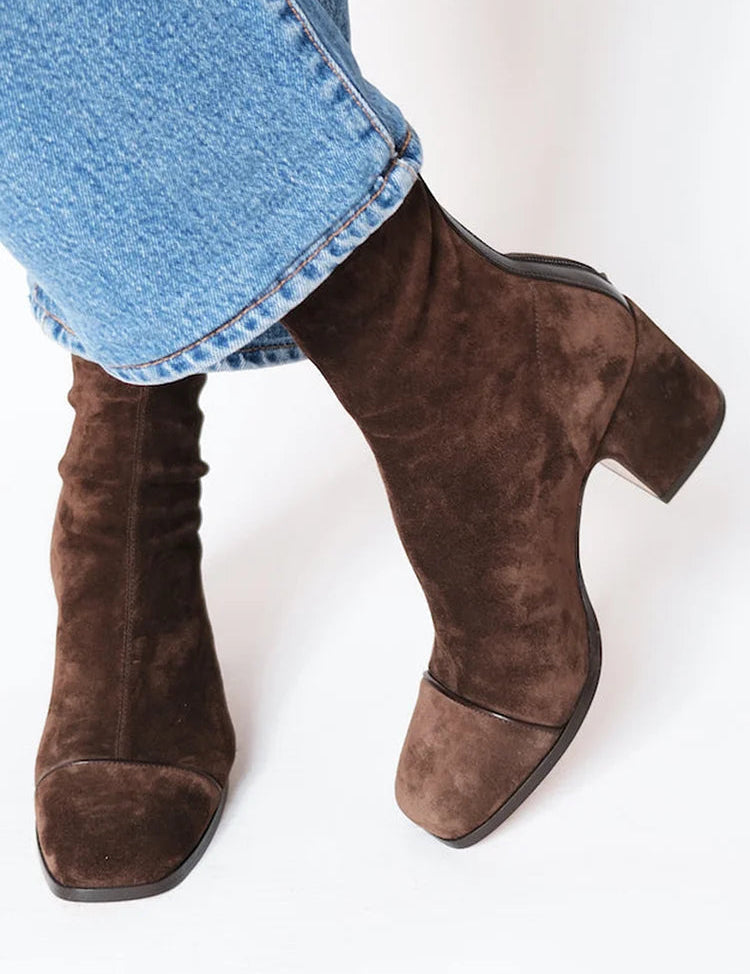 Women's Block Heel Ankle Boots Square Toe Zip-Up Stretch Suede Fall Winter - Victrafia