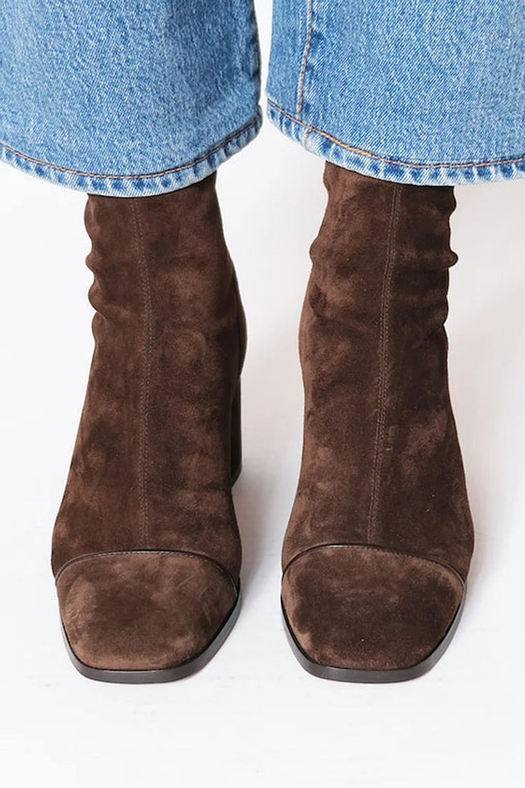 Women's Block Heel Ankle Boots Square Toe Zip-Up Stretch Suede Fall Winter - Victrafia