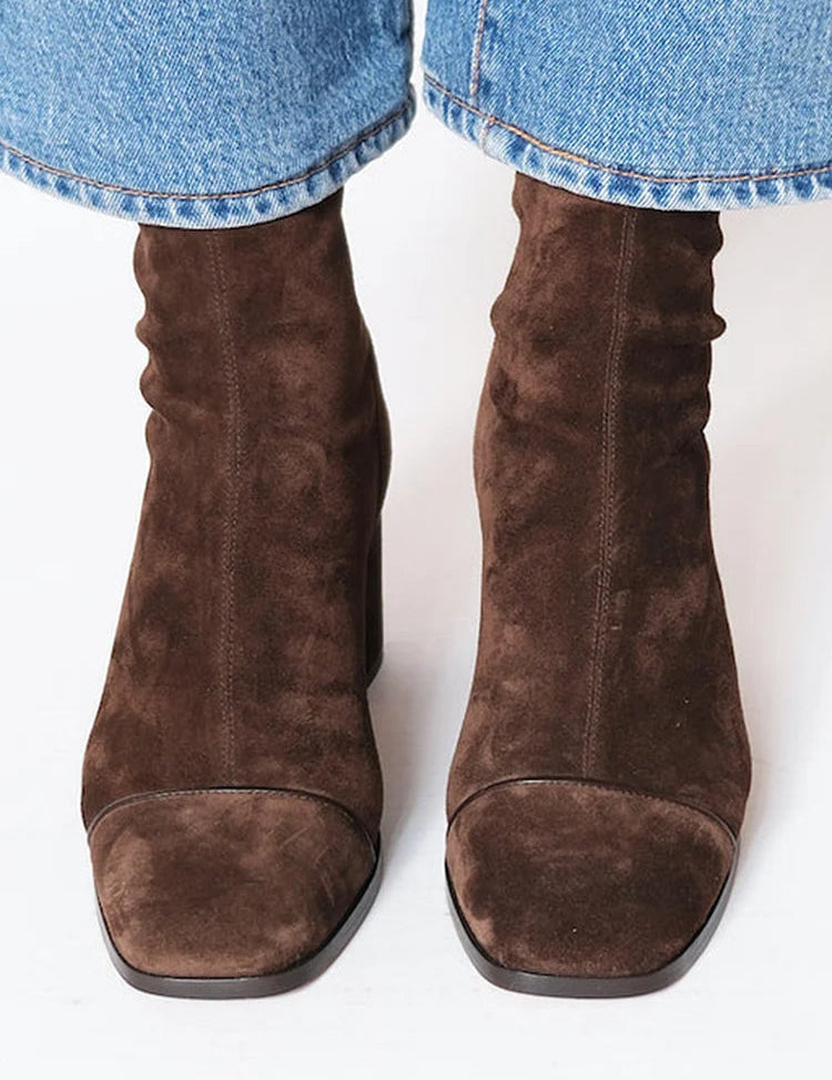 Women's Block Heel Ankle Boots Square Toe Zip-Up Stretch Suede Fall Winter - Victrafia
