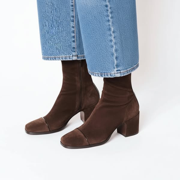 Women's Block Heel Ankle Boots Square Toe Zip-Up Stretch Suede Fall Winter - Victrafia