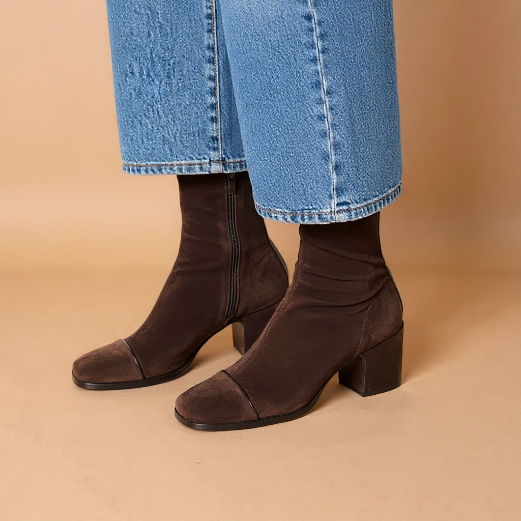 Women's Block Heel Ankle Boots Square Toe Zip-Up Stretch Suede Fall Winter - Victrafia