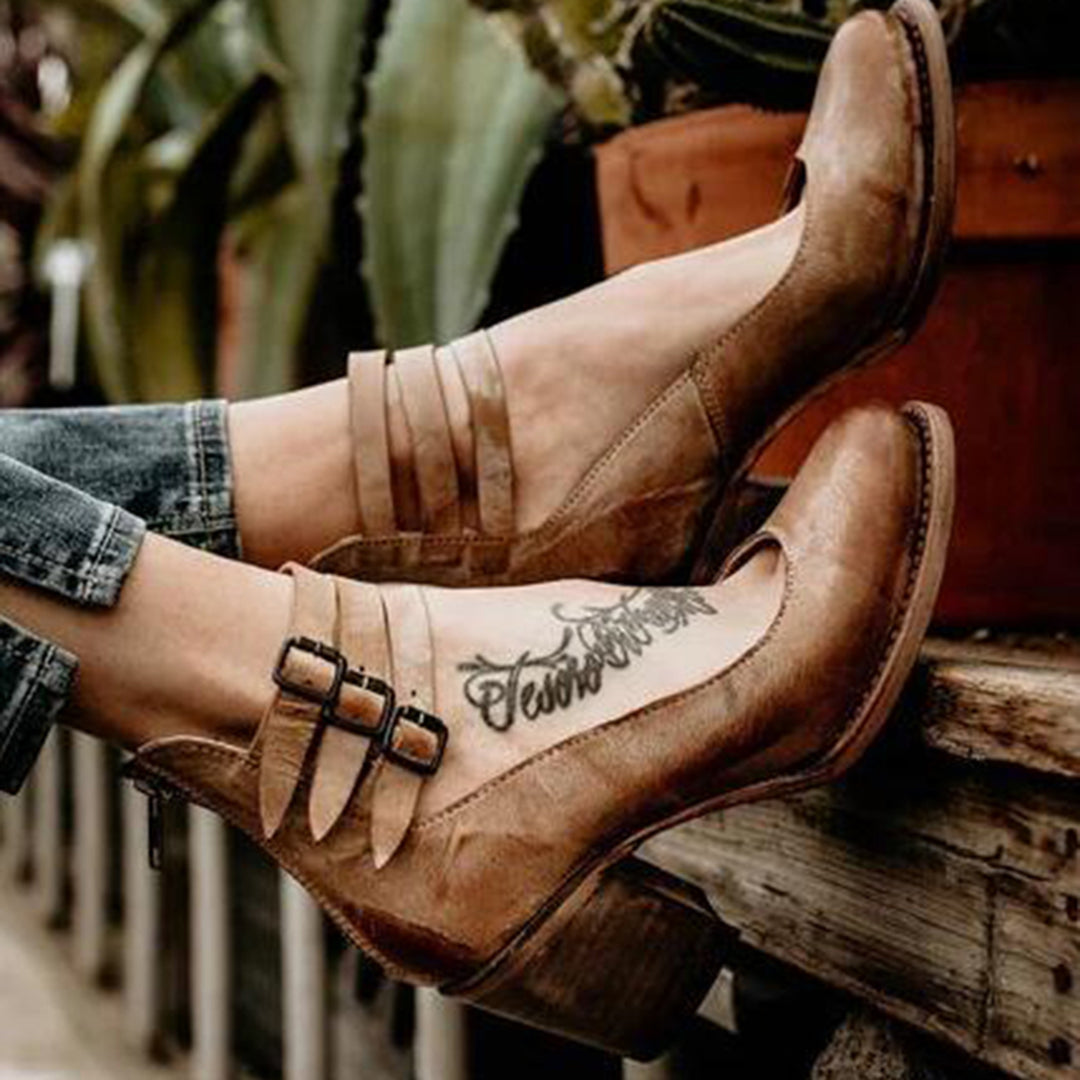 Women's Block Heel Ankle Strap Shoes Double Buckle Casual Western Everyday - Victrafia
