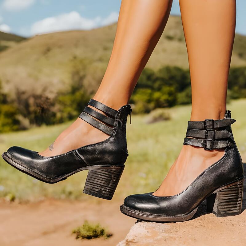 Women's Block Heel Ankle Strap Shoes Double Buckle Casual Western Everyday - Victrafia