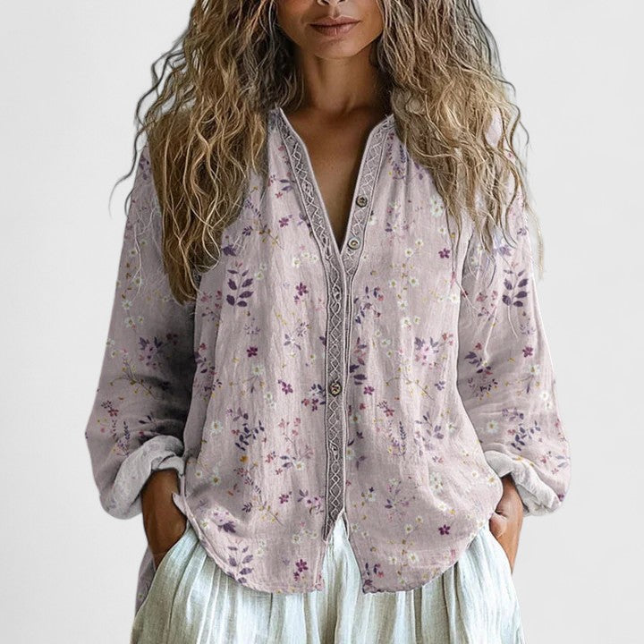 Women's Boho Floral Print Blouse Long Sleeve V-Neck Button-Down Casual - Victrafia