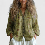 Women's Boho Floral Print Blouse Long Sleeve V-Neck Button-Down Casual - Victrafia