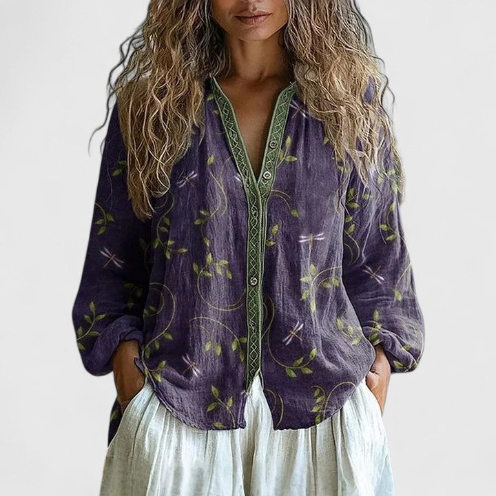 Women's Boho Floral Print Blouse Long Sleeve V-Neck Button-Down Casual - Victrafia