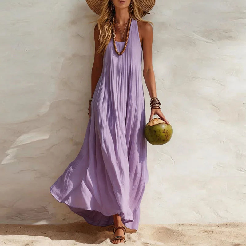 Women's Boho Maxi Dress Sleeveless Flowy U-Neck Beach Vacation Summer Casual - Victrafia