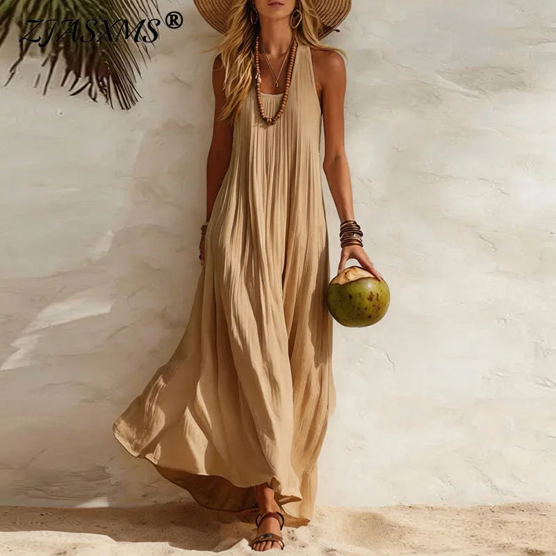 Women's Boho Maxi Dress Sleeveless Flowy U-Neck Beach Vacation Summer Casual - Victrafia