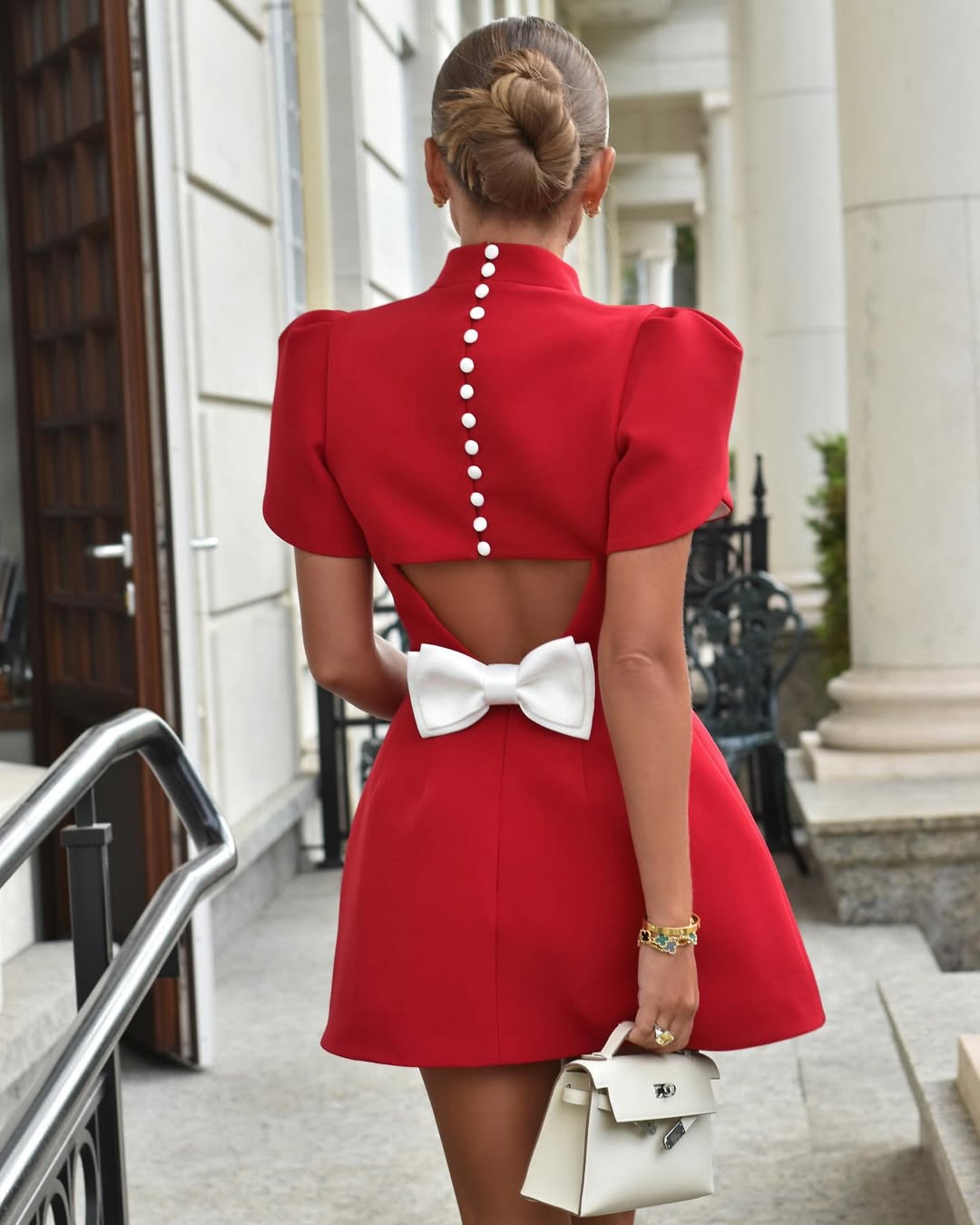 Women's Bow Back Mini Dress Puff Sleeve Open Back Cocktail Party Wedding Guest - Victrafia